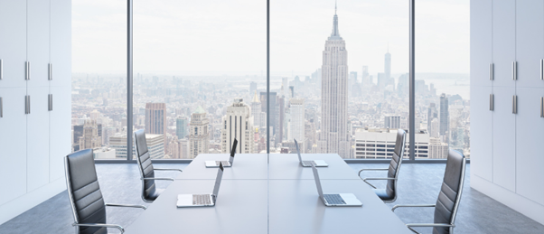 Office meeting room with view over Manhattan, USA